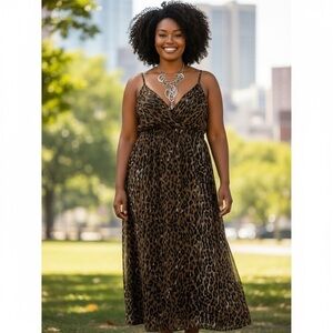 She’s Cool Leopard Animal Print Maxi Dress 1X Brown Multi Sleeveless Party Boho